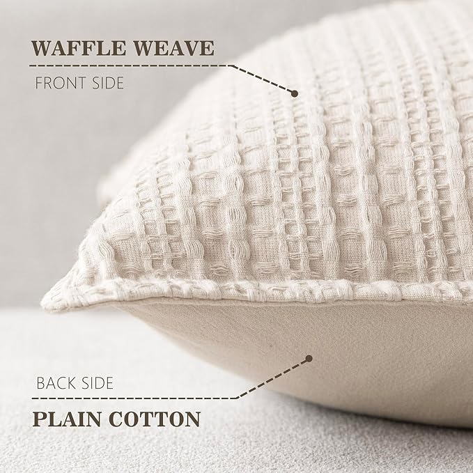 Foindtower Set of 2 Decorative Cotton Waffle Weave Throw Pillow Covers Euro Shams Cushion Covers Accent European Pillowcase for Bed Couch Sofa Bedroom Living Room Home Decor 20×20 Inch Natural Ivory