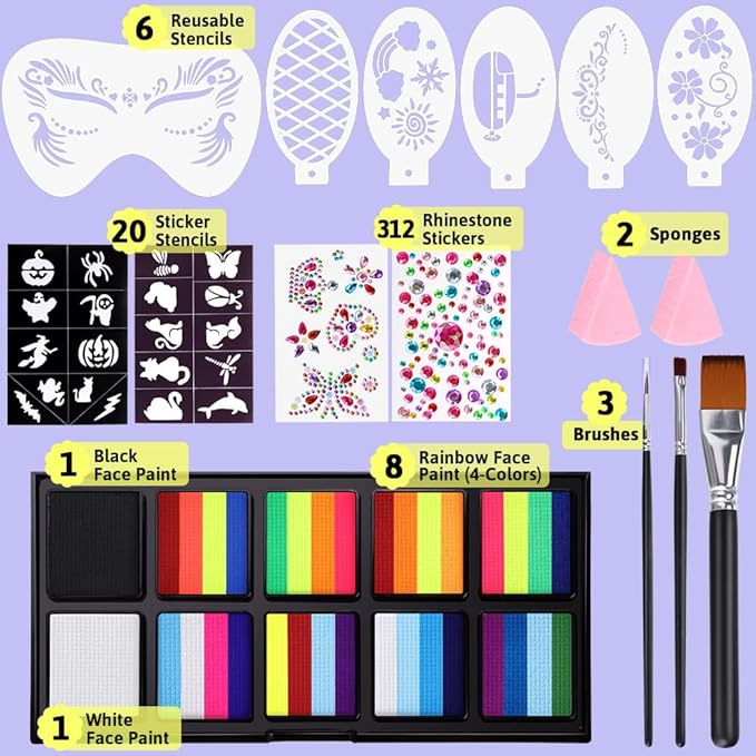 Janolia Rainbow Face Paint Kit - UV Fluorescent Split Cake, Water Activated Body Paint for Kids' Halloween, Carnival & Easter