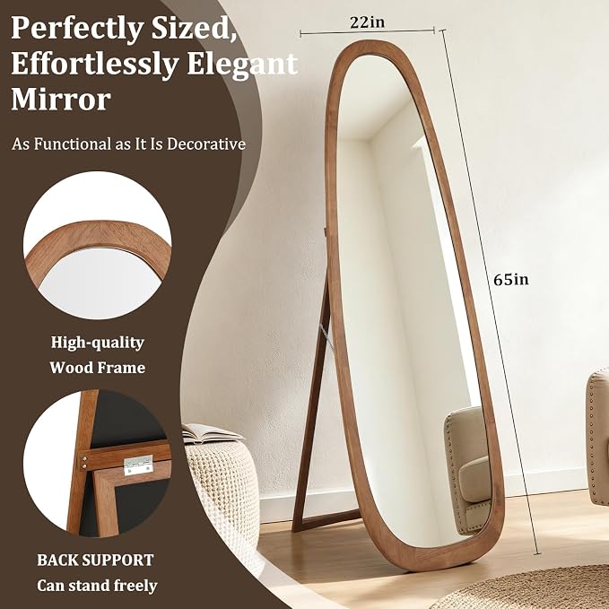 22x65 Inch Irregular Full Length Mirror with Stand, Floor Mirror with Wooden Frame,Full Body Mirror for Bedroom, Living Room, Cloakroom, Walnut