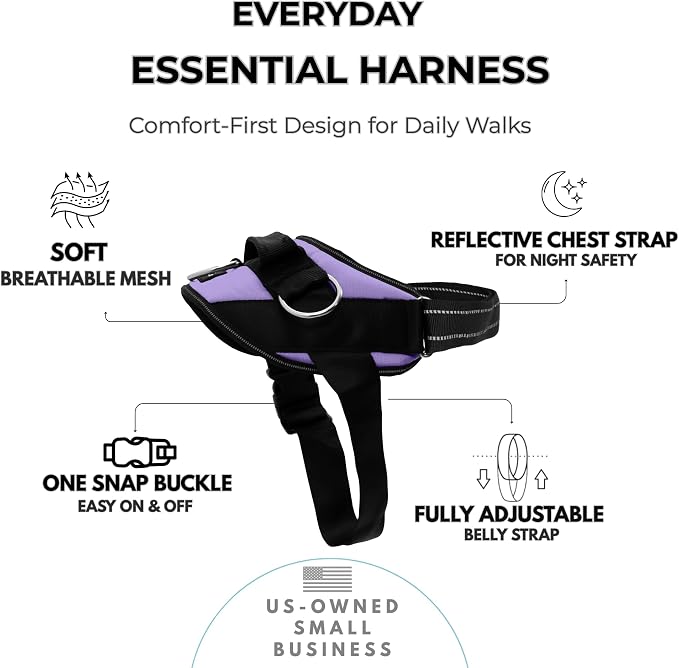 ShawnCo Essential Dog Harness, No-Pull Pet Vest (ICY Lilac,XS) | 3 Leash Clips, Easy On, No-Choke, Reflective, Adjustable Fit, Padded Comfort, Control Handle, For Small, Medium & Large Dogs