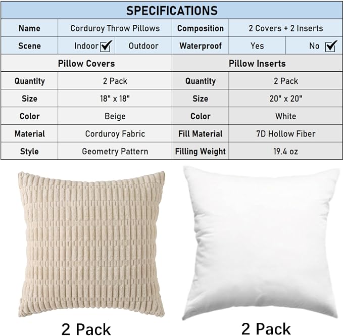 2 Pack Corduroy Decorative Throw Pillow with Inserts, 18x18 Inch Soft Boho Throw Pillow, Square Striped Throw Pillows for Couch, Bed, Sofa Decor(Beige)