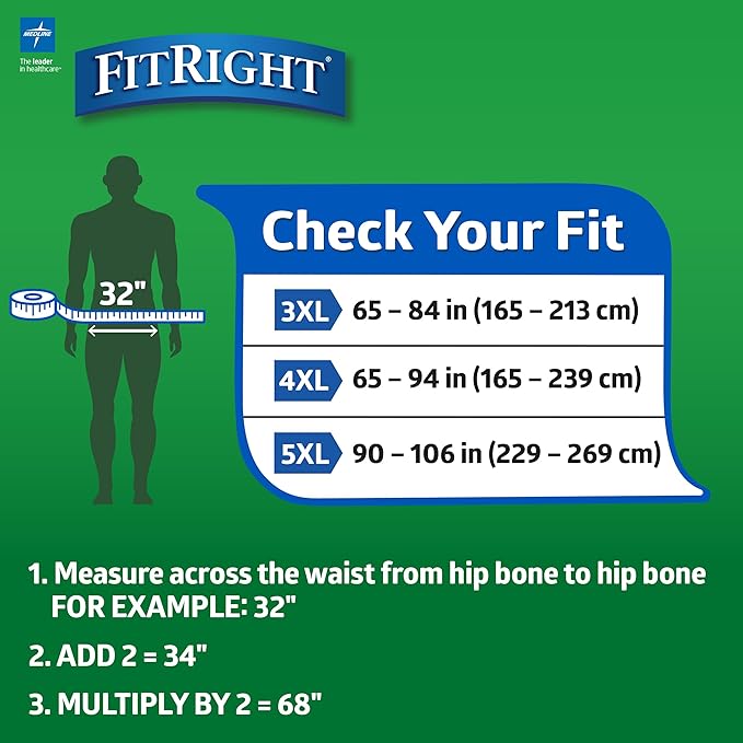 FitRight Bariatric Adult Diapers, Ultra Heavy Absorbency, 5XL (Waist Size 90in-106in), 32 Count, Disposable Incontinence Briefs for Men and Women, Moisture-Wicking, Leak Protection,