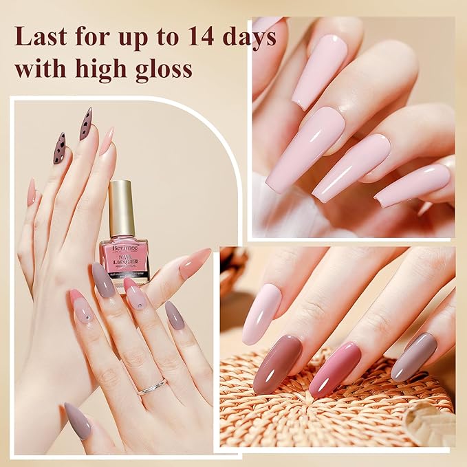 Pink Quick Dry Nail Polish Set 6 Colors Vegan Nail Lacquer Nude Brown Air Dry Glitter Fingernail Polish Regular Neutral Wedding Color Non Gel DIY Salon Gift for Women