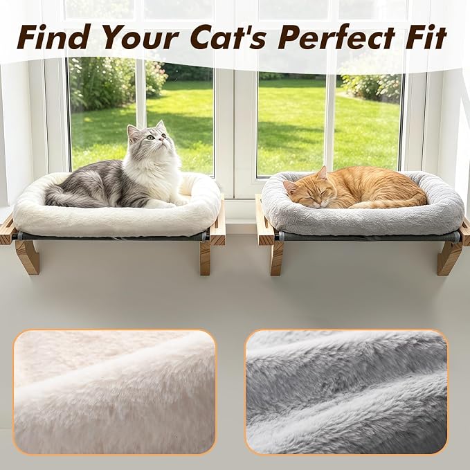 AMOSIJOY Wooden Cat Windowsill Perch with Zipper Cushion Bed, 22in | Sturdy Wood & Metal Frame Hold up to 40lbs, Machine Washable, Easy to Adjust, Hook-on Mounting Cat Hammock Seat for Large Cat