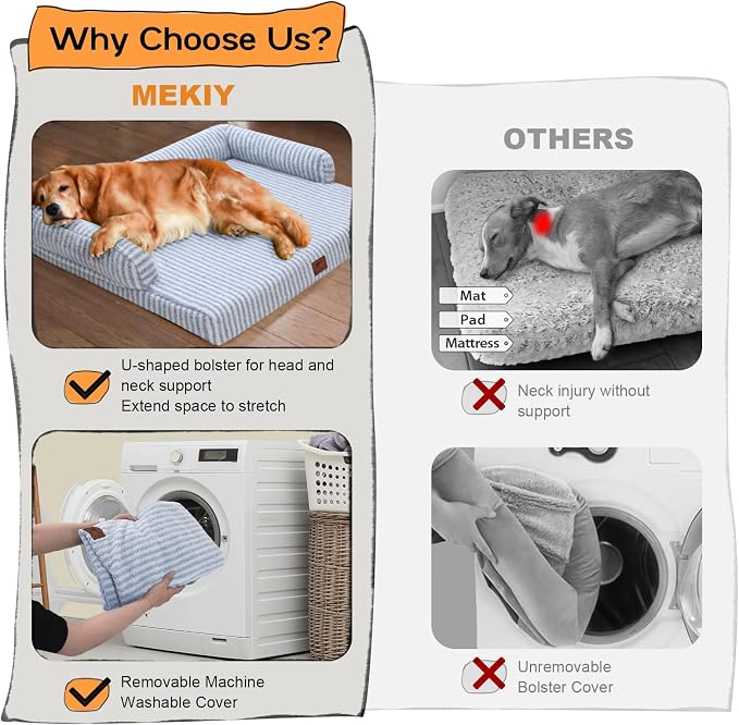 Orthopedic Washable Dog Bed with Bolster for Medium to Large Dogs | Pillow Support for Neck Relief, Egg Crate Foam, Waterproof Liner, Anti-Slip Bottom, Removable Bolster Cover, 36 x 27 Inch