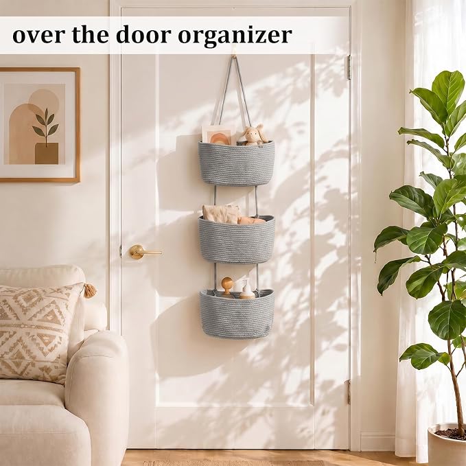TeoKJ Over the Door Hanging Basket, 3-Tier Woven Cotton Wall-Mounted Storage Organizer Bag Decorative Hanging Nursery Baskets, Gray