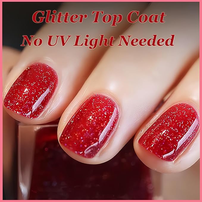 Red Glitter Nail Polish, Clear Base Sparkly Nailpolish with Red & White Glitter, 12ML Air Dry Gel Nail Polish No UV Needed, Transparent Sparkle Top Coat for Women Girls