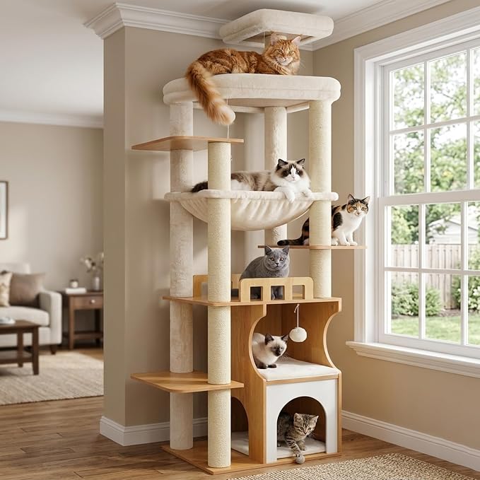Modern Cat Tree Tower, 2-Layer Condo & Perch, Big Hammock 102WB | 70.9''Wooden Cat Tower House Large Platform with Safe Guardrail for Indoor Cats Adult, All Sisal Scratching Post, Walnut