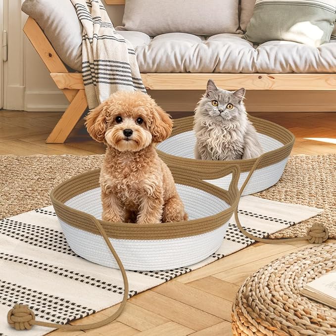 Cat Bed, Cotton Rope Instinct Basket for Cats, Handwoven Cat Beds | Stimuli Handwoven Basket for Cat, Pet Sleeping Bed with Rope Ball, Puppies, Rabbits and Small Pets (Large, Brown & Beige)