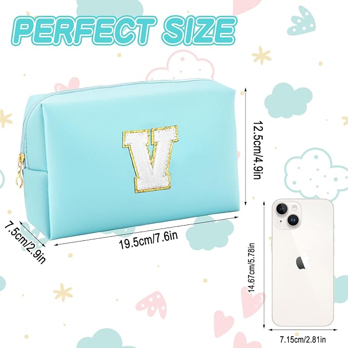 URSKYTOUS Gifts for Girls Initial Makeup Bag Personalized Cosmetic Bag with Zipper Cute Travel Toiletry Bag Waterproof PU Preppy Makeup Pouch Birthday Gift for Teen Girls Women(Blue V)