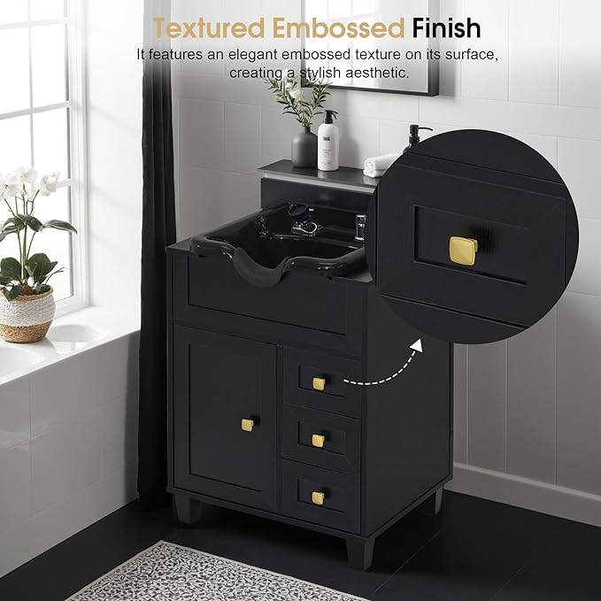 BarberPub Barber Storage Shampoo Station, Spa Textured Embossed Cabinet with Shampoo bowl & Drawers, Hair Salon Sink Backwash Equipment 7131 (Black)