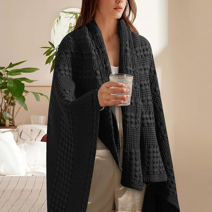 PHF 100% Cotton Waffle Weave Throw Blanket, Lightweight Breathable Summer Blanket for Couch Sofa, Pre-Washed Soft Throws for Bed, Office, Travel & Stylish Home Decor, 50"x60", Black