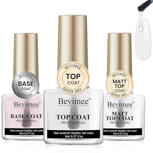 Base and Top Coat Nail Polish Set Quick Dry, 3Pcs No Wipe Shiny/Matte Top Coat for Fingernail Non Gel Air Dry Fast Clear Nail Polish No Chip Nail Protective DIY at Home