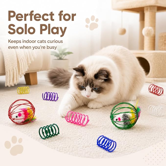 Cat Toys for Indoor Cats, 4 Wire Mesh Mice & 12 Colorful Springs