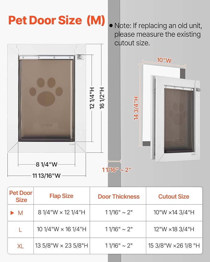 VEVOR 2-Flaps Dog Door, with Aluminum Frame, Metal Closing Panel and Lock, Strong and Weatherproof Dog Door for Interior and Exterior Doors, Easy in-and-Out Access for Doggies (White-Medium)