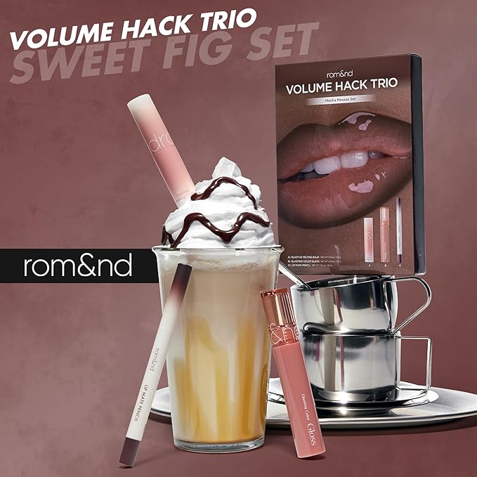rom&nd Volume Hack Trio Sweet Fig Set | Korean Lip Combo for Plump, Hydrated & Glossy Lips | 3-in-1 Kit