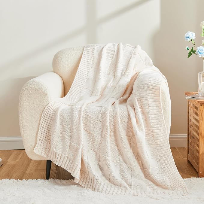 CozeCube Cream White Knitted Checkered Throw Blanket 60"X80" | Check Knit Throw for Couch, Decorative Christmas Soft Cozy Warm Blanket for Bed Sofa Living Room
