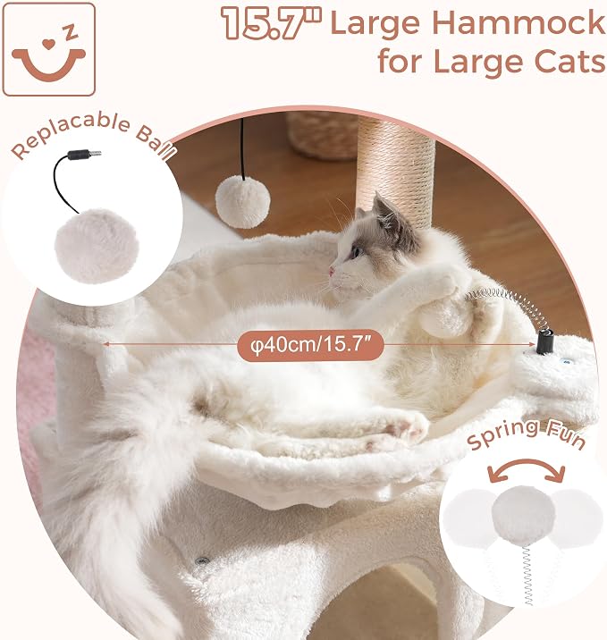 Cat Tree 32” Small Cat Tower with Large Hammock 16”& Self Groomer | Compact Cat Tree with Hammock 16” Dia, Removable Bed, Scratching Post & Self Groomer Small Cat Tree for Indoor & Adult Cats