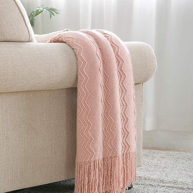 BOURINA Pink Throw Blanket 60x80 Inch Boho Knitted Soft Throw Sofa Blanket | Knitted Throw Blanket 60x80 Inches, Soft Lightweight Boho Weave Throw Decorative Couch Blanket for Living Room Bedroom Chair