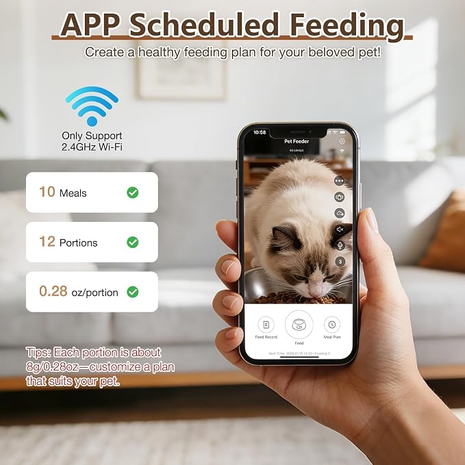 Automatic Cat Feeder with Camera, 5L/28 Cups WiFi Cat Auto Feeder with Two-Way Audio, App Control, Strong Anti-Jam System Smart Timed Cat Feeder with Night Vision for Small Pets Indoor