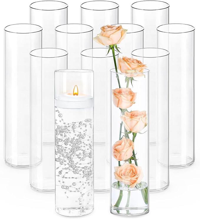 12pcs 12 Inch Clear Glass Cylinder Vases for Centerpieces | Tall Flower Vases for Wedding & Home Decor, Hurricane Floating Candle Holders for Table & Shelf