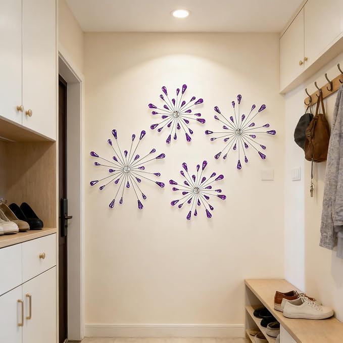 ZEXUIRU 4 Set Silver Starburst Wall Art for Home Decor Metal Bling Crystal Rhinestones Sunburst Wall Decor Sparkling Rhinestone Art Accent -Purple 13in/11.8in/9.8in/9.8in