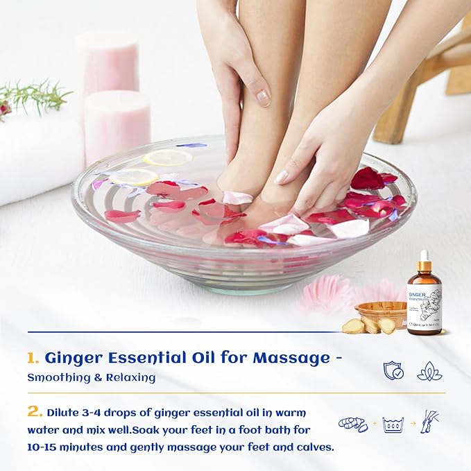 HIQILI Ginger Essential Oil 3.38 Fl Oz, for Massage, Diffuser, Large Bottle with Dropper & Gift Box -100ml | With 10ml Travel Bottle, Creates a Cozy, Soothing Space, Warming Sensation for Body & Joint Comfort - 100ml / 3.38 fl oz