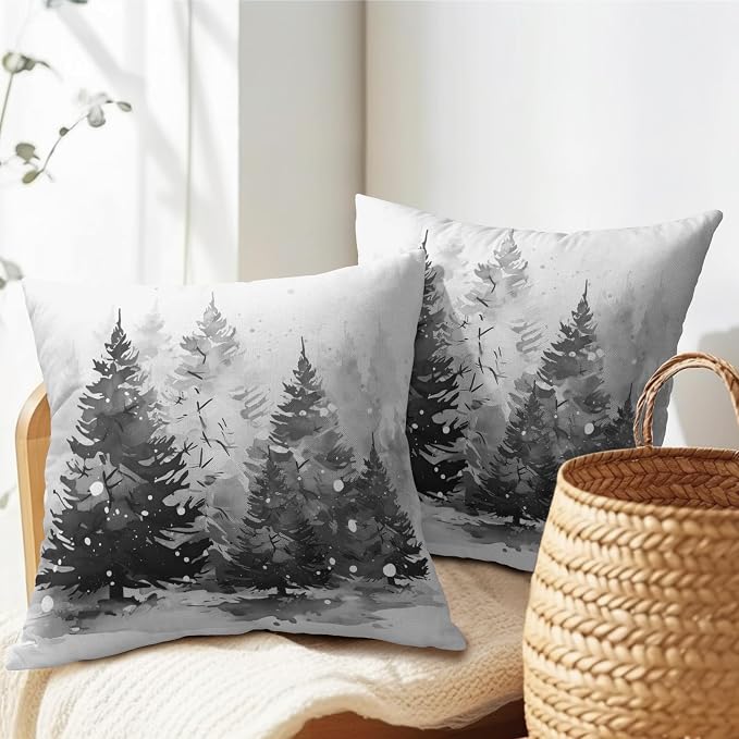 Kawani Winter Frost Throw Pillow Covers 20x20 Inch, Grey Christmas Pine Trees Printed Cotton Linen Pillowcase Square Cushion Case for Bed Couch Holiday Home Decor and Gift Pack of 2