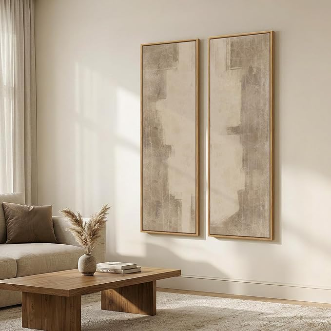 Large Framed Neutral Abstract Long Narrow Wall Art for Hallway, 2 Piece | Long narrow, Large canvas prints, Abstract pictures, Neutral beige, Vertical, Living room, Bedroom, Entryway wall decor