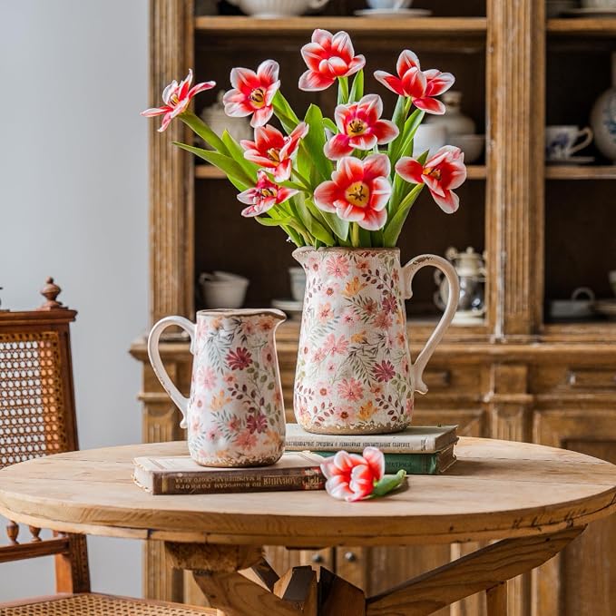 Retro Rustic Large Ceramic Vase with Handle, Distressed Farmhouse Pitcher for Home, Ideal Shelf Decor, Colorful Daisy Floral Vase for Living Room Bedroom Office Table Centerpiece Decorations 9 Inch