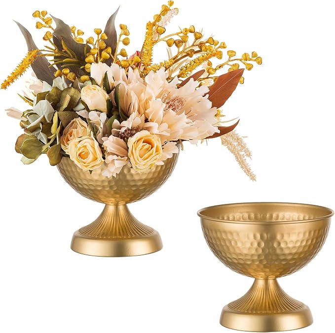 Sziqiqi Gold Urn Vase for Flowers, Wedding Table Compote Vases, 5.9in, 2Pcs | Hammered Vintage Urn Vase, Wedding Table Decoration Centrepieces Set, For Artificial Flowers,Party, Home Decor, Anniversary