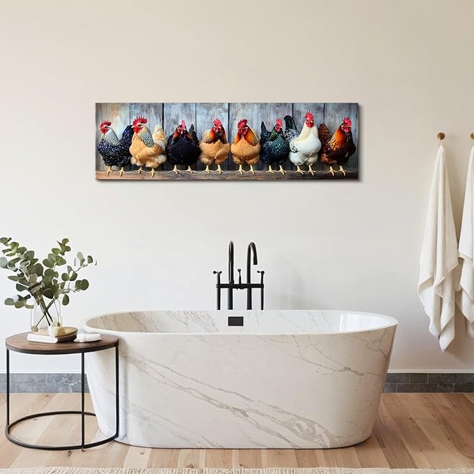 Country Chicken Wall Art Rooster Kitchen Wall Decor Rustic Farmhouse Coop Picture Canvas Prints for Dining Room Decorations Colorful Farm Animal Poster Painting Artwork Cabin Home Decor 14x48”