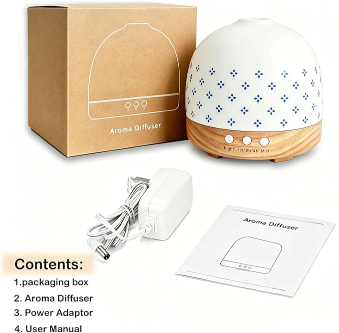 Essential Ceramic Diffuser Round Aroma Luruxy Porcelain Diffuser Luxury 300ml Night Light Captivating Exquisite Blue and White Patterned Elegance Nano Water Mist Humidifier