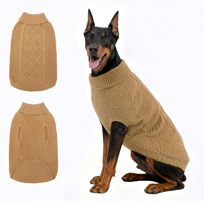 Mihachi Turtleneck Dog Sweater - Winter Coat Apparel Classic Cable Knit Clothes with Leash Hole for Cold Weather, Ideal Gift for Pet in New Year Beige 3XL