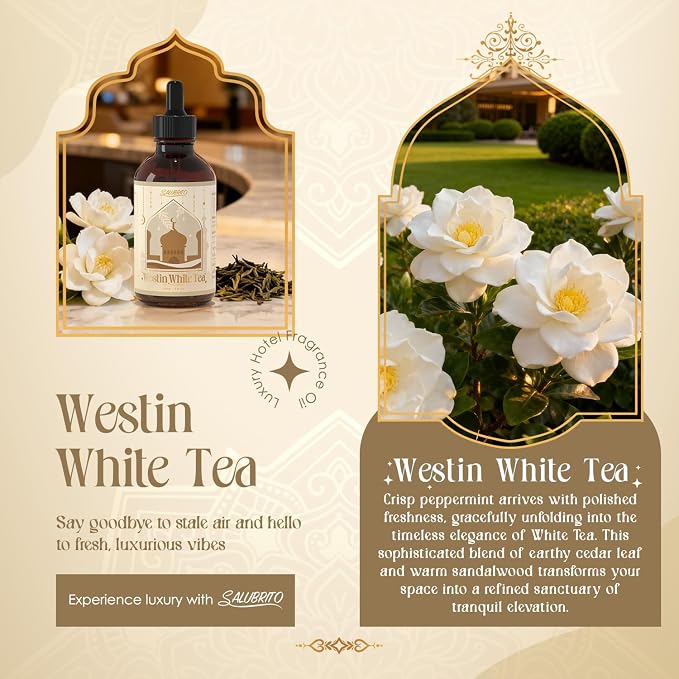 SALUBRITO Hotel Essential Oil, W-Hotel White Tea Fragrance Oil - Inspired by 5 Star Hotel, 4 Fl.Oz (120ml), Luxury Gift for Women, Men, Strong Scented Oil for Diffuser, Candle & Soap Making