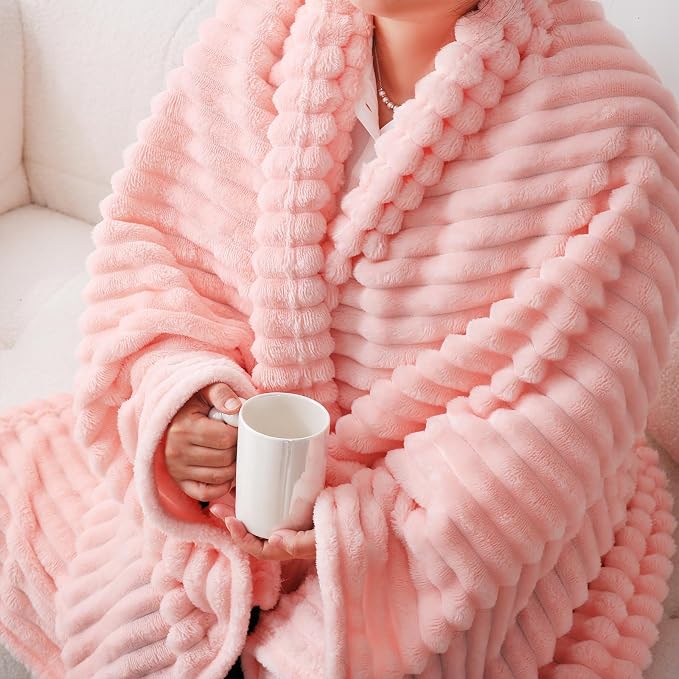 Light Pink Fleece Throw Blanket 60”×80” for Couch Sofa Livingroom | Super Soft Cozy Plush Microfiber Flannel Bed Blanket Striped Design Lightweight Home Decor Gifts for Adults Mom Women