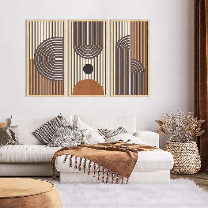 IARTTOP Mid Century Modern Decor 16x32 Inch Large Boho Wood Wall Art Abstract Wooden Wall Decor Minimalist Bohemian Orange Artwork for Living Room Bedroom Office Set of 3