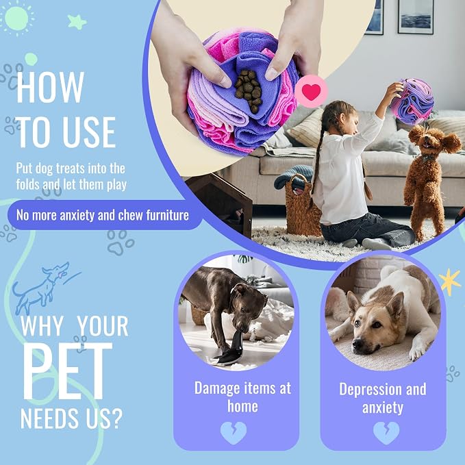 Pet Snuffle Ball, Puzzle Sniffing Interactive Dog Ball for Blind Dogs Training Stress Relief Dog Enrichment Toys Treat Machine Washable (15cm, Pink and Purple)