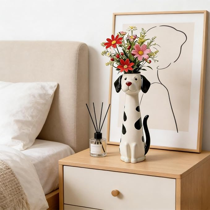 Quirky Dog Vase, Whimsical Boho Dog Flower Vase, Handcrafted Resin Decorative Dog Vases for Small Flowers, Funny Animal Resin Vases, Cute Puppy Planter for Desk Shelf, Boho Home Office Decor