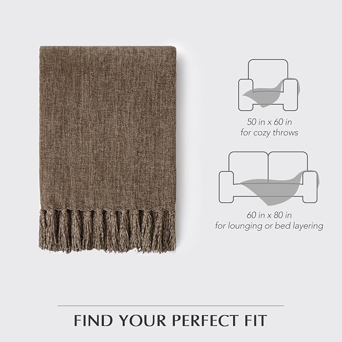 Chenille Knit Throw Blanket for Couch, 50"x60", Mocha Brown | Cozy Plush Fuzzy Knittd Throw with Tassels, Lightweight, Decorative, Farmhouse Decor, Ideal for Bed Sofa Gift, All Seasons
