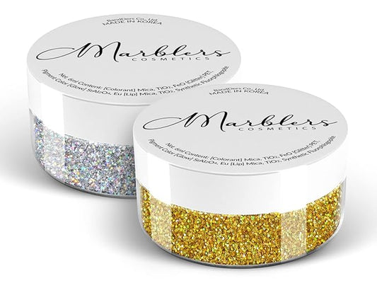 MARBLERS Twinkle Face & Body Glitter Duo [Holo Silver & Holo 24K Gold] 0.36oz (10g) | Non-Toxic | Cruelty-Free | Eyeshadow, Nail Polish, Nail Art | Festival, Rave Party & Makeup | Nail Art | Gel Nail