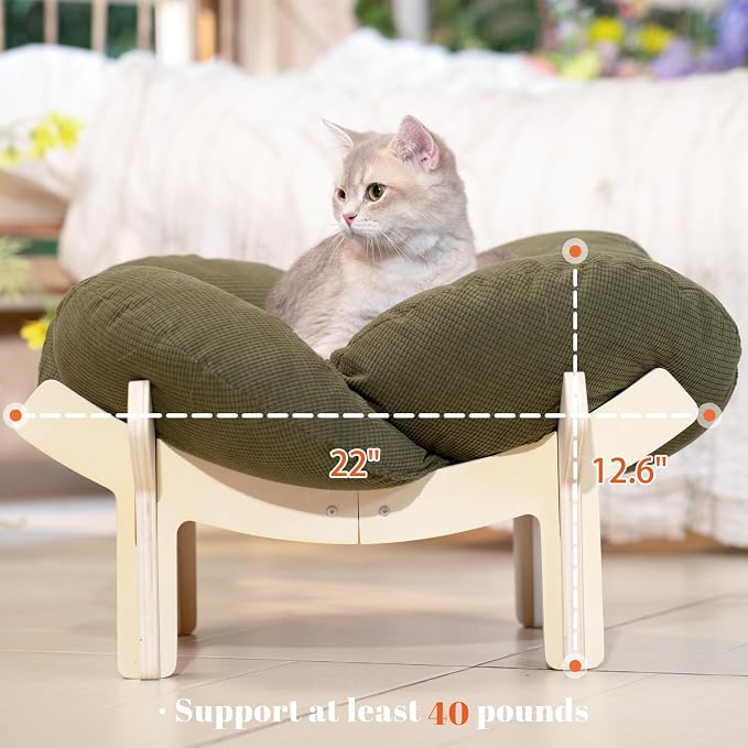 Elevated Cat Bed for Indoor Cats Couch Sofa Flower | Pet Beds with Soft Washable Cushion, Stable Wooden Frame, Raised Cat Hammock & Furniture for Kitty & Puppy All-Season(Green)