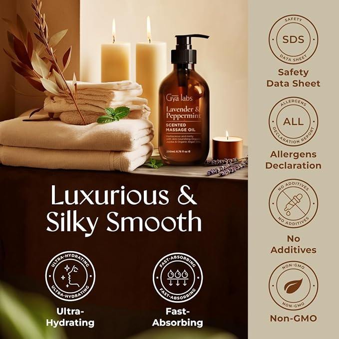 Gya Labs Lavender & Peppermint Massage Oil - 6.76 Fl Oz - Non-Greasy Formula for Sore Muscles, Deep Relaxation & All Skin Types - Suitable for Men & Women