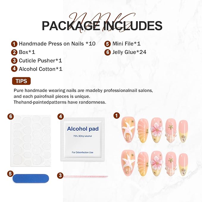 Handmade Press On Nails Almond, 3D Flowers Rhinestone Water Ripple Design Short Fake Nails with French Tips, Salon-Quality Reusable, Fall/Winter Gift for Women, 10pcs