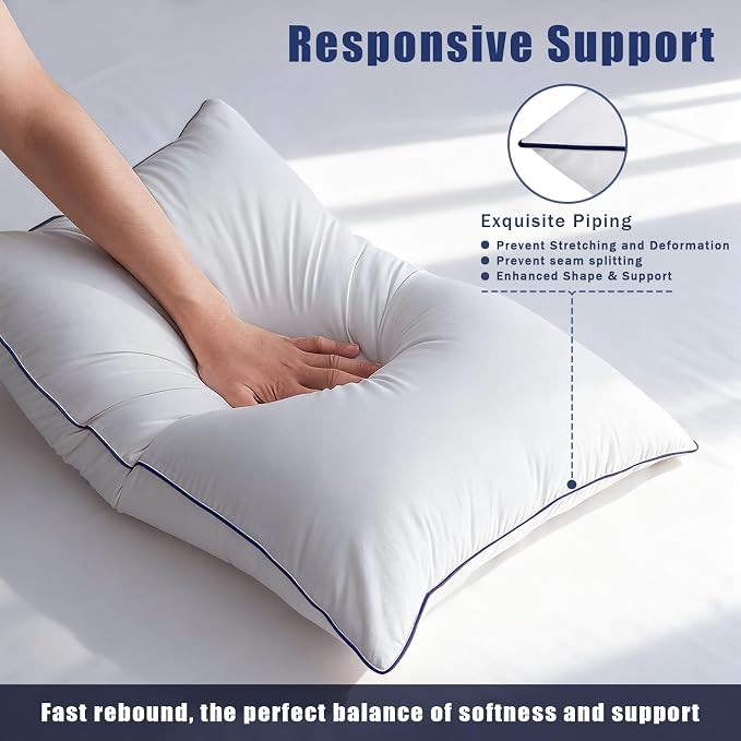 Throw Pillow Inserts Set of 2-Fluffy Square Cushions with 100% Cotton Covers-Decorative White Pillow Fillers for Sofa, Bed, Couch, Living Room, Indoor Hotel Pillows (12x20 Inch (Pack of 2)-Blue Edge)