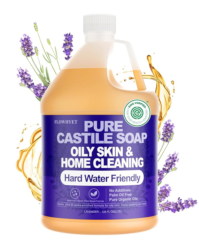 1 Gallon Pure Castile Soap Liquid Lavender Refill –EWG Verified Natural Organic Body Wash, Hard Water Friendly Bath Soap for Oily Skin,Body, Laundry & Home Cleaning 128 fl oz