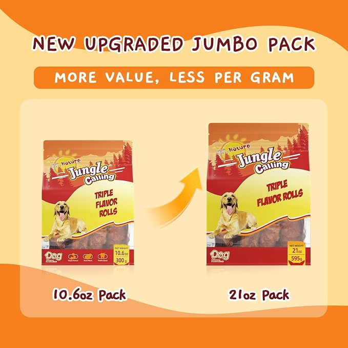 Jungle Calling 21 oz Triple Flavor Rolls, Chicken Duck & Beef, High Protein | Rawhide Free Treat for Small, Medium & Large Breeds, Limited Ingredient Chews Perfect for Daily Reward, Easily Digestible