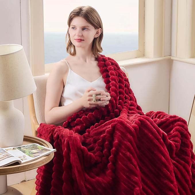 NEWCOSPLAY Fleece Ribbed Cozy Twin Blanket for Couch, Red, 60"x80" | Premium Silky Flannel Blanket, Soft Lightweight Fluffy Throw Blanket for Bed Sofa Decor, Gift for All Season Use