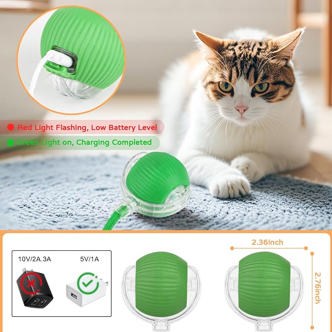 Goosheep 1PK Automatic Rolling Interactive Cat Toys Ball for Indoor Cat Dog | Green, 3 Modes, LED Light, 360° Smart Automatic Rolling, for Indoor Cats and Small Dogs, Suitable for Multi-cat Families