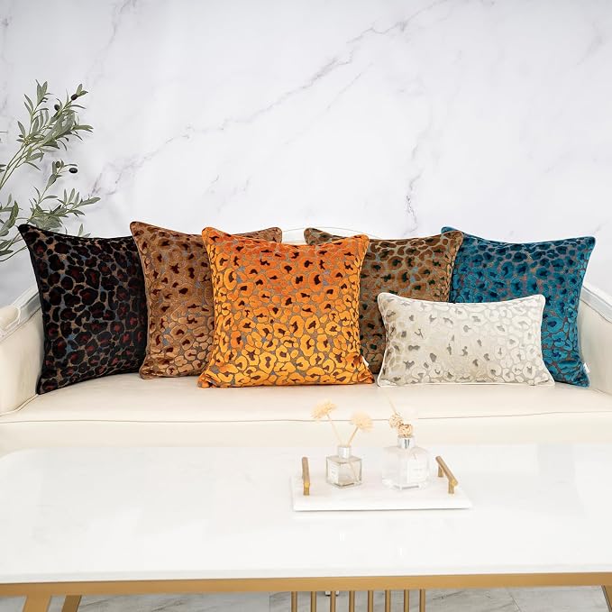 Alerfa Brown Floral Throw Pillow Cover 20 x 20 Inch Cut Velvet Sqaure Luxury Decorative Pillow Cover for Couch Living Room Bedroom